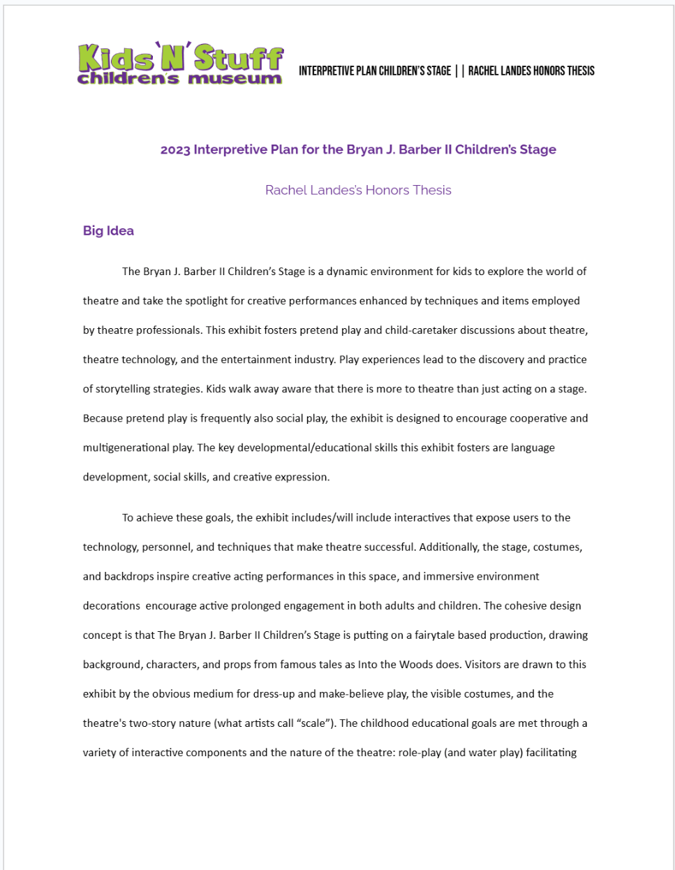 Kids N Stuff Children's Stage Interpretive Plan 2023 Document